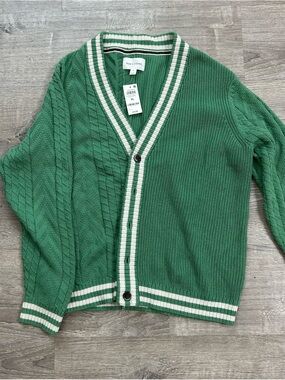 Sun + Stone Green V-Neck Cardigan with Cream Stripe Trim